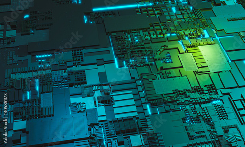 Abstract high tech electronic PCB (Printed circuit board) background in blue and green color. 3d illustration background