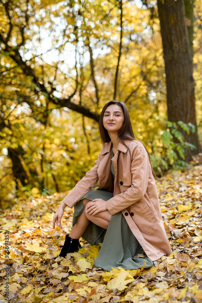 Autumn park. Beautiful woman in green dress posing in autumn park with yellow leaves