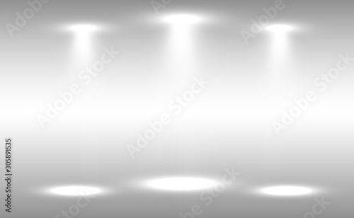 Background with white spotlights shining bright light from above. Confetti fall from the ceiling.