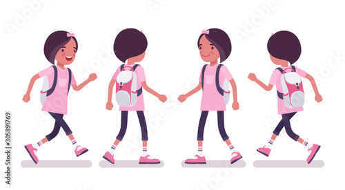 School girl in casual wear walking, running. Cute small lady in pink tshirt with rucksack, active young kid, smart elementary pupil aged between 7, 9 years old. Vector flat style cartoon illustration