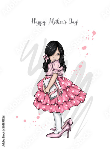 Beautiful little girl in a magnificent dress and high-heeled mother's shoes. Valentine's Day, March 8, Mother's Day. Vector illustration for a card or poster. A cute baby.