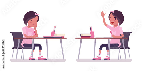 School girl studying at the desk with books. Cute small lady in pink tshirt, active young kid, smart elementary pupil aged between 7 and 9 years old. Vector flat style cartoon illustration