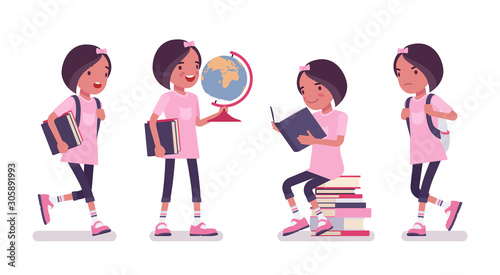 School girl in casual wear standing with globe and books. Cute small lady in pink tshirt, active young kid, smart elementary pupil aged between 7 and 9 year old. Vector flat style cartoon illustration