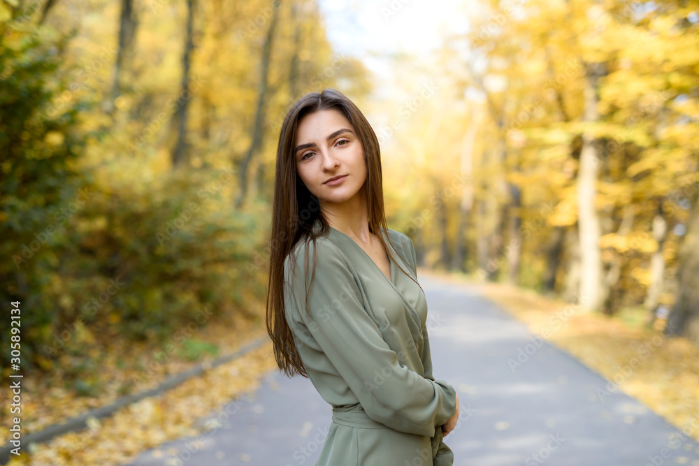 Autumn colours. Beautiful woman in coat posing in forest on roadside Autumn colours. Beautiful woman in coat posing in forest on roadside