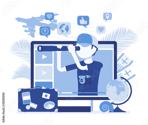 Travel video blogger boy. Man writing about beautiful destinations, traveling, leisure, content creator photographer sharing tips, ideas for social media. Vector illustration with faceless character