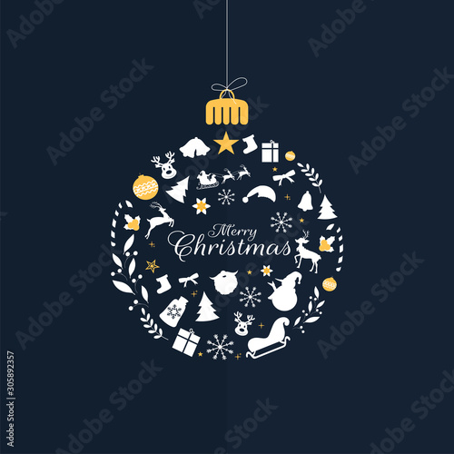 Calligraphy of Merry Christmas with hanging bauble made by christmas festival elements on blue background. Can be used as greeting card design.