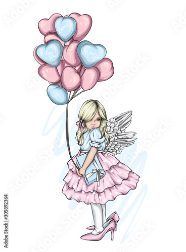 Beautiful little girl in a dress and with heart-shaped balloons. Charming baby. Valentine's Day, love, cupid. Vector illustration for postcard or poster, print for clothes. Angel.