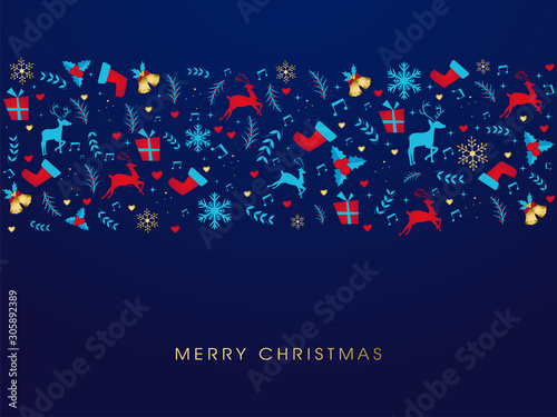 Blue greeting card design decorated with festival elements for Merry Christmas celebration.