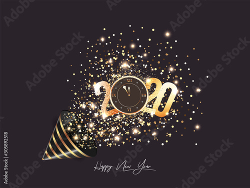 Glitter falling from party popper with golden 2020 text and clock on black background for Happy New Year celebration.