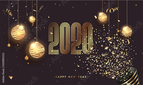 2020 Happy New Year celebration concept with hanging illuminated baubles and party popper falling glitter confetti on brown background.