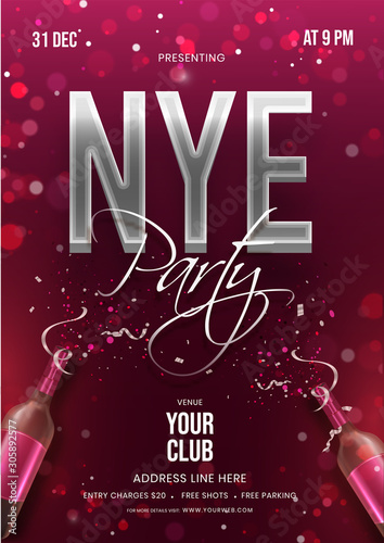 NYE Party invitation card or flyer design with champagne bottle and event details on burgundy bokeh background.
