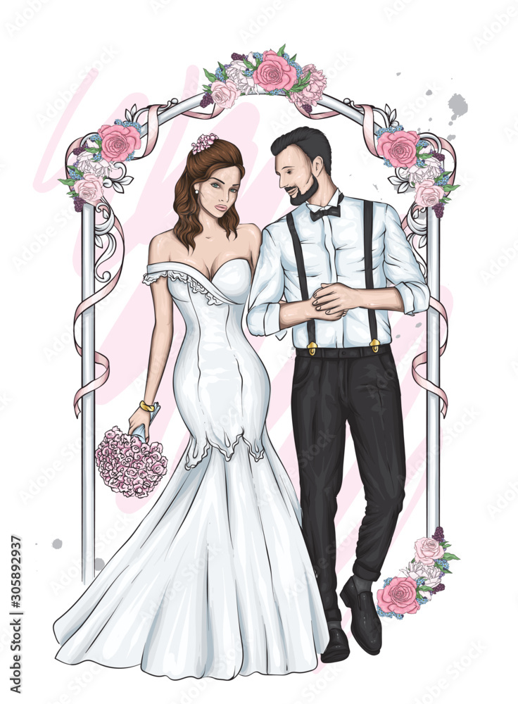 The bride in a suit and the bride in a wedding dress near a flower arch. Vector illustration for a postcard or a poster. Love and wedding. The bride in a suit and the bride in a wedding dress near a flower arch. Vector illustration for a postcard or a poster. Love and wedding.