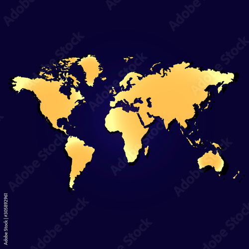 Map of planet earth. Continents and oceans. Golden color. Vector illustration