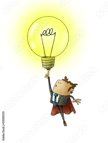 Businessman dressed in superhero with cape, flies raising a light bulb with h...