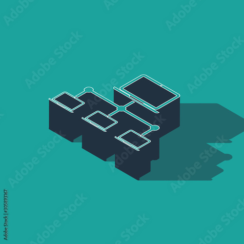 Isometric Computer network icon isolated on green background. Laptop network. Internet connection. Vector Illustration