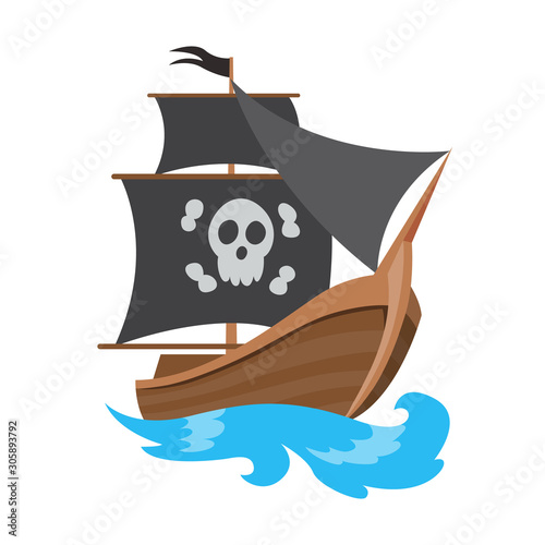 Wooden pirate buccaneer filibuster corsair sea dog ship icon game, isolated flat design. Color cartoon frigate. Vector illustration