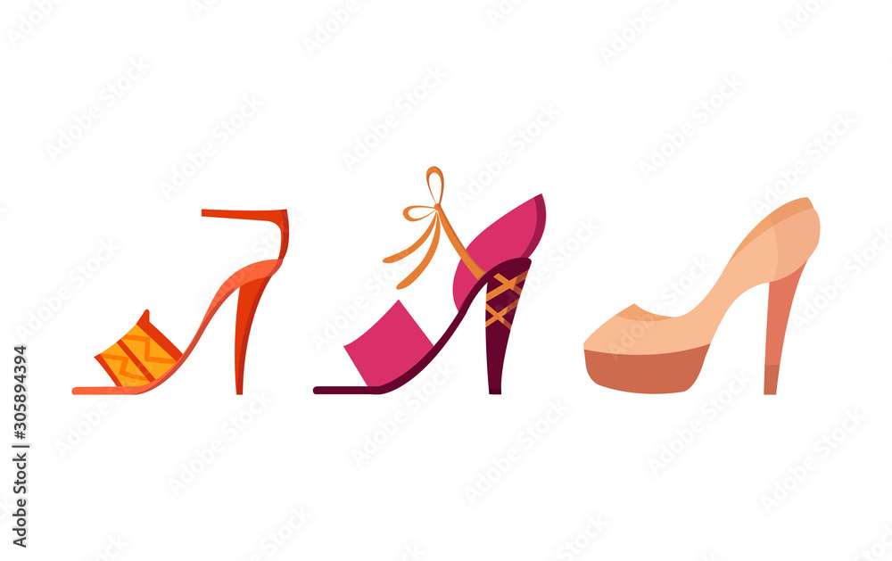 Set with different types of trend womens shoes. Color decorative design. Use for advertising shoe store or website. Flat vector illustration