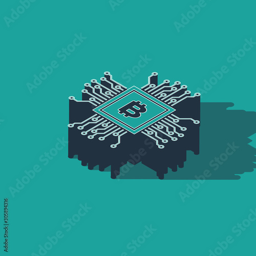 Isometric CPU mining farm icon isolated on green background. Bitcoin sign inside processor. Cryptocurrency mining community. Digital money. Vector Illustration