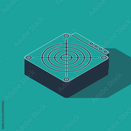 Isometric ASIC Miner icon isolated on green background. Cryptocurrency mining equipment and hardware. Application specific integrated circuit. Vector Illustration