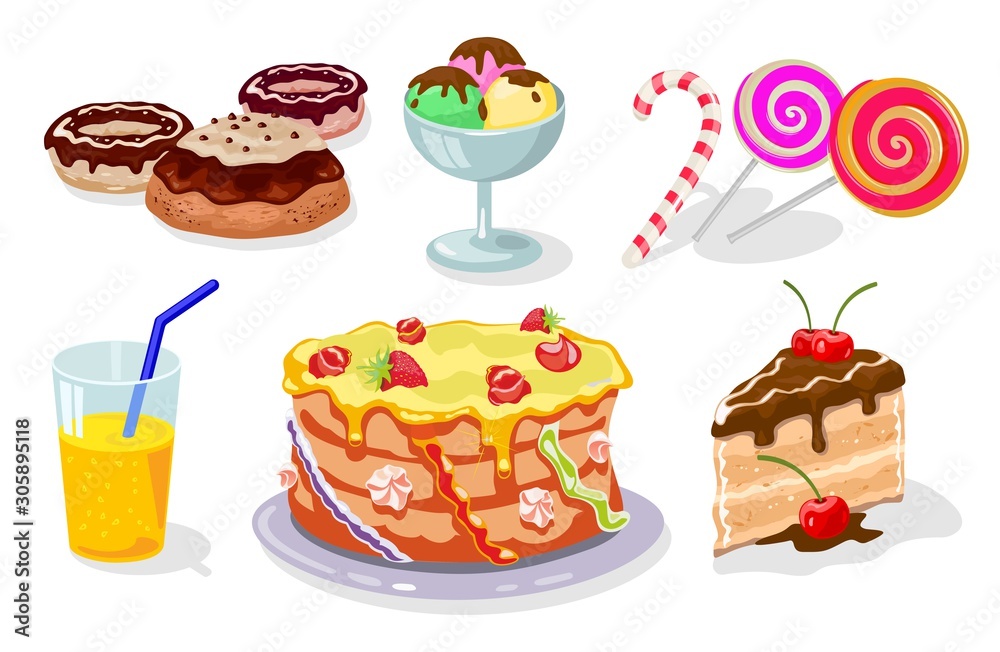 Sweet festive table with gateau, donuts, cake, ice cream, candy cane, lollipop, juice for children s holiday. Sweets, pastries, lemonade. Vector cartoon set isolated on white background. Sweet festive table with gateau, donuts, cake, ice cream, candy cane, lollipop, juice for children s holiday. Sweets, pastries, lemonade. Vector cartoon set isolated on white background.