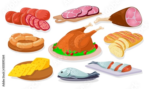 Grocery store, shop assortment sausage, kielbasa, ham, gammon, wieners, salmon, bread, poultry, cheese. Farm products. Animal source food protein meat fish Cartoon vector set on white