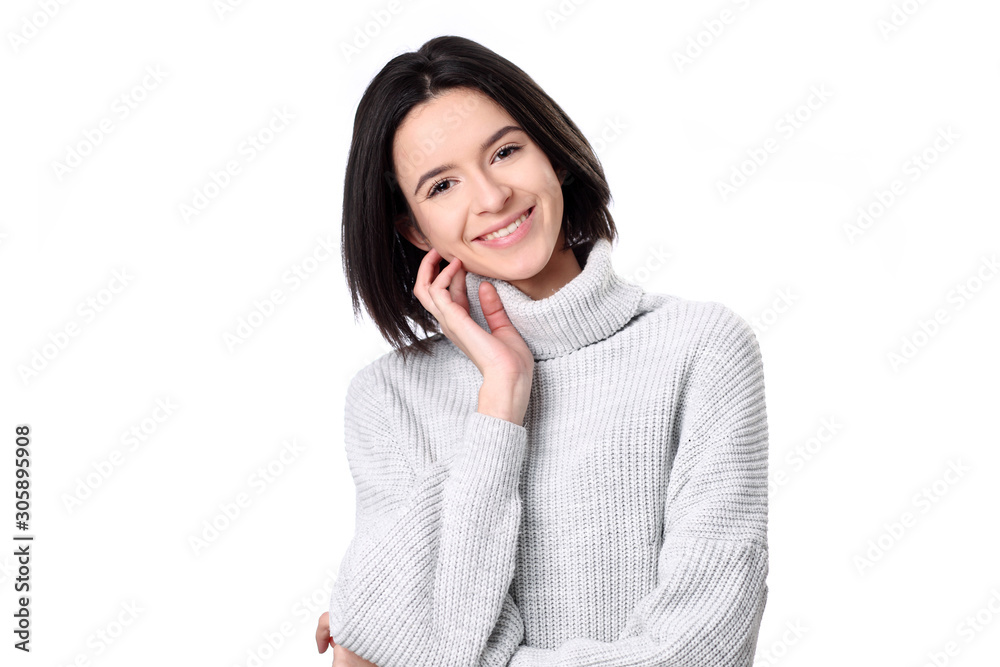 Portrait of young beautiful cute cheerful girl smiling looking at camera over white background. Portrait of young beautiful cute cheerful girl smiling looking at camera over white background.