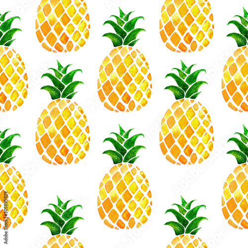 Hand drawn seamless pattern with pineapples isolated on white background. Colorfull summer seamless background for textile, print and banners. Healthy food concept.