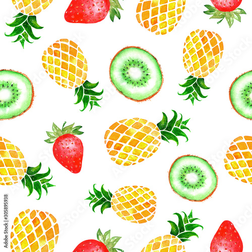 Hand drawn seamless pattern with watercolor pineapples, kiwi fruits and strawberries isolated on white background. Colorfull summer seamless background for textile, print and banners.