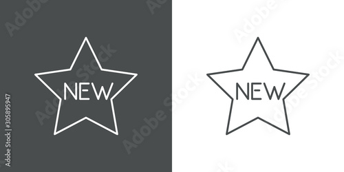 Icono plano lineal estrella con texto NEW en fondo gris y fondo blanco photo