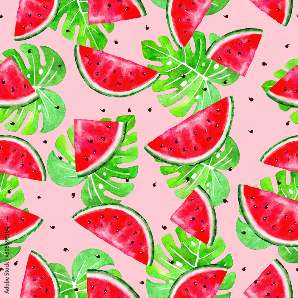 Seamless pattern with watermelon and tropical leaves on pink background in bright summer colors. Hand painted illustration. Background for fabric textile, banners, print Seamless pattern with watermelon and tropical leaves on pink background in bright summer colors. Hand painted illustration. Background for fabric textile, banners, print