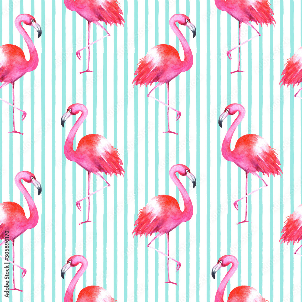 Hand drawn watercolor flamingos and stripes seamless pattern on white background. Summer bright illustration. Perfect for fabric textile, banners, print Hand drawn watercolor flamingos and stripes seamless pattern on white background. Summer bright illustration. Perfect for fabric textile, banners, print