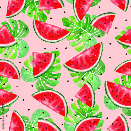 Fototapeta Naklejka Na Ścianę i Meble -  Seamless pattern with watermelon and tropical leaves on pink background in bright summer colors. Hand painted illustration. Background for fabric textile, banners, print