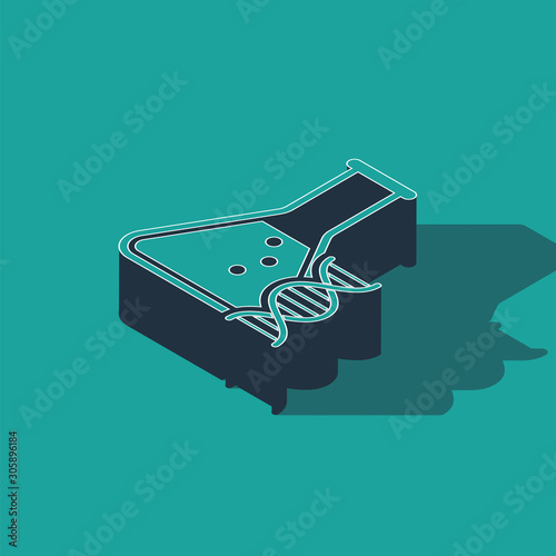 Isometric DNA research, search icon isolated on green background. Genetic engineering, genetics testing, cloning, paternity testing. Vector Illustration