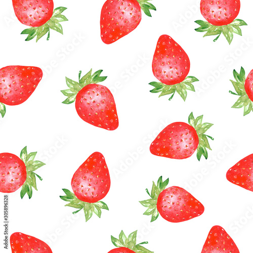 Fototapeta Naklejka Na Ścianę i Meble -  Watercolor seamless pattern with strawberries on white background. Colorfull bright summer seamless background for textile, wallpapers, print and banners. Healthy food concept.