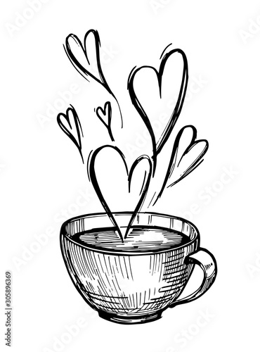 Mug with coffee or tea. Steam in the form of hearts. Hand drawn illustrtion converted to vector
