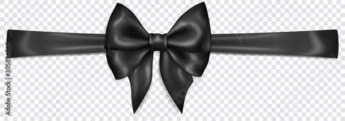Beautiful black bow with horizontal ribbon with shadow on transparent background. Transparency only in vector format