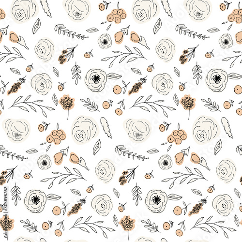 Floral vector seamless pattern with  flowers and leaves. Beautiful hand drawn flowers in  light pastel colors in vintage style.