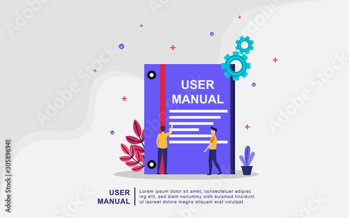 user manual book concept with people. guide, operating instructions, requirements and specifications document. Can use for, landing page, template, ui, web, mobile app, banner