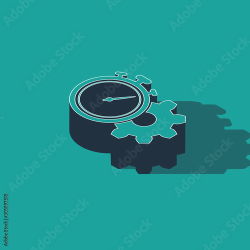 Isometric Time Management icon isolated on green background. Clock and gear sign. Productivity symbol. Vector Illustration