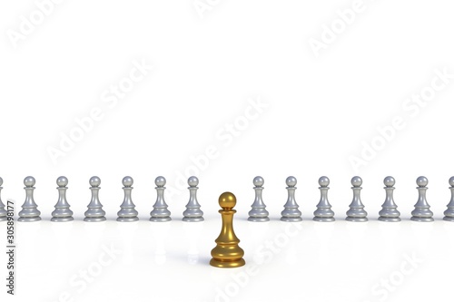 Gold and silver chess pawn on white background, Business leadership, Teamwork power and confidence concept, 3d rendering