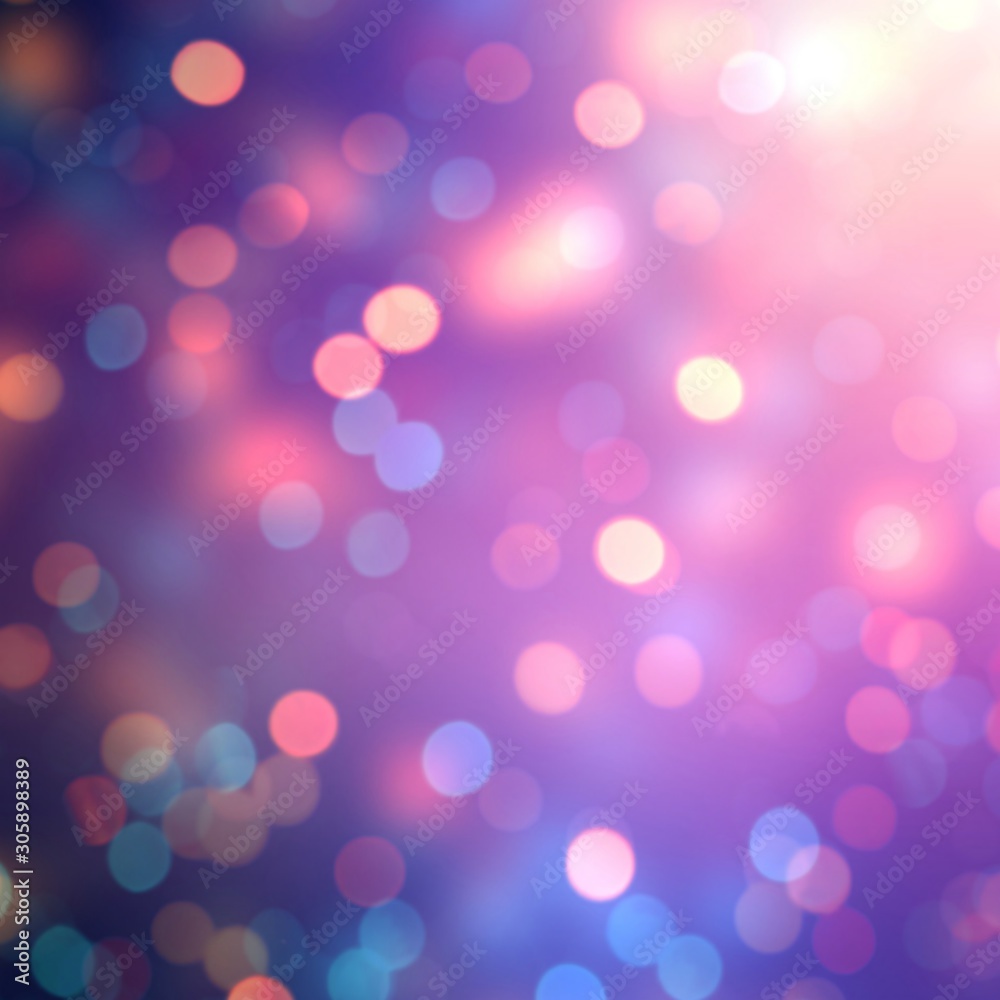 Glitter purple empty background. New Year bokeh blurred template. Confetti defocused illustration. Sparkle abstract texture. Magical lights.