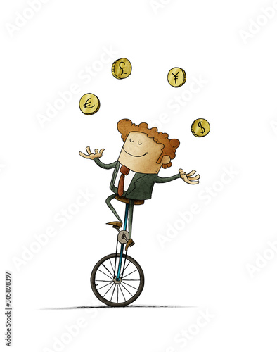 Businessman riding a unicycle juggles four currencies from different countrie...