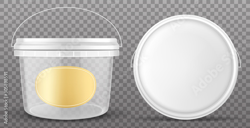 Clear plastic bucket with yellow label and white lid front and top view. Vector mockup of realistic 3d empty container for food, sauce, ice cream isolated on transparent background