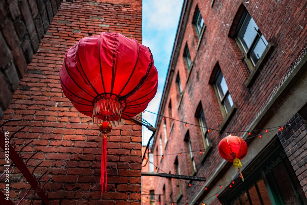 Low angle shot of Chinese lanterns in Fan Tan Alley Chinatown