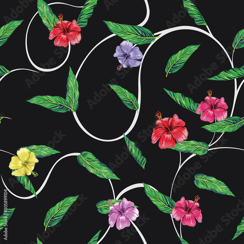 Hibiscus leaves seamless black background