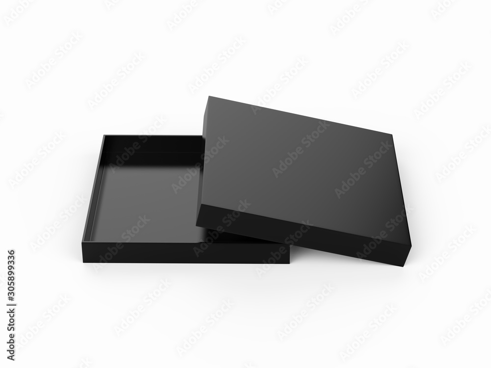 Black cardboard package box, thin packaging box mock template on isolated white background. 3d Illustration Black cardboard package box, thin packaging box mock template on isolated white background. 3d Illustration