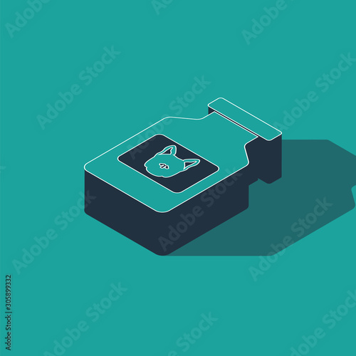 Isometric Dog medicine bottle icon isolated on green background. Container with pills. Prescription medicine for animal. Vector Illustration