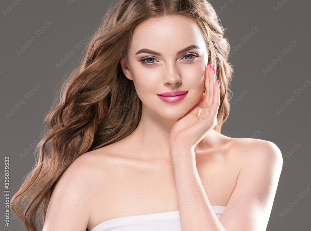Beautiful woman face long brunette hairstyle 