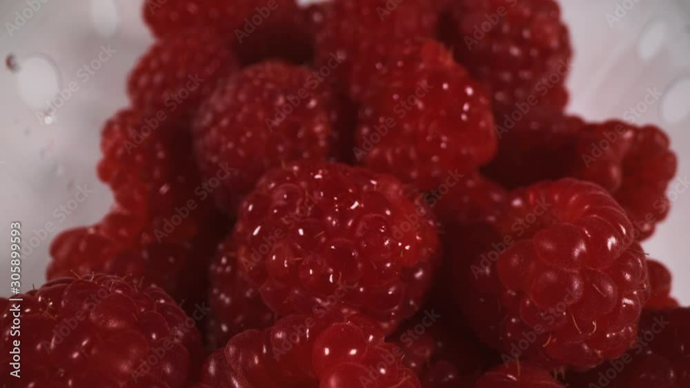 Close up macro panning shot of freshly picked raspberries Close up macro panning shot of freshly picked raspberries