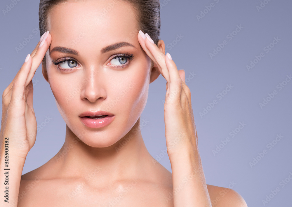 Beautiful woman face hand manicure nails natural make up healthy skin close up beauty eyes Beautiful woman face hand manicure nails natural make up healthy skin close up beauty eyes